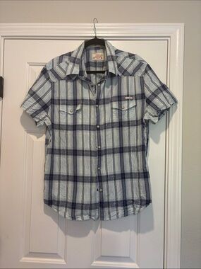 Lucky Brand Men’s Light Blue and Navy Plaid Button-Down Shirt